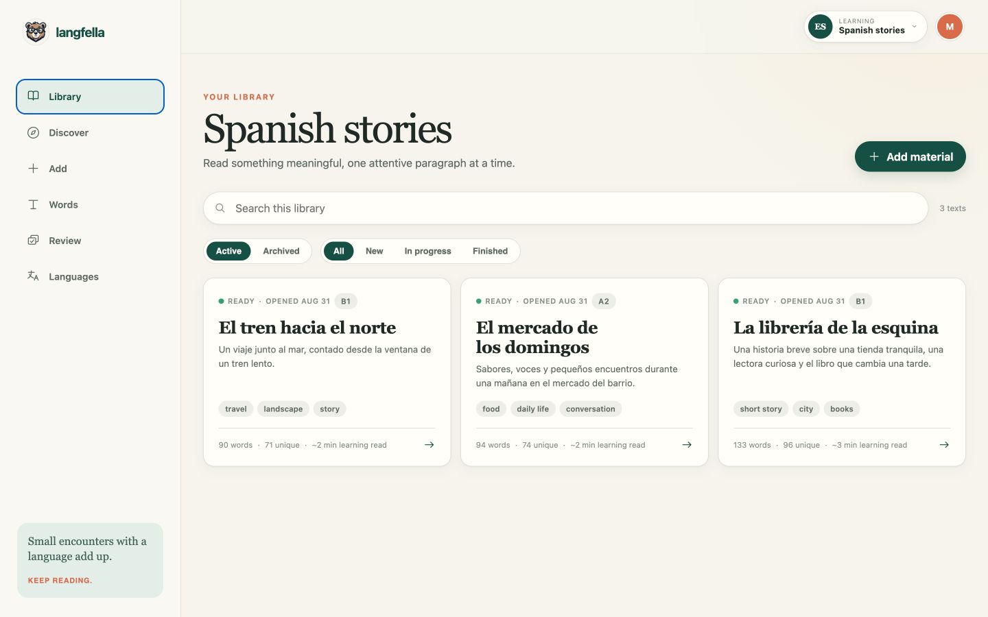Langfella personal library showing reading materials, levels, tags, and progress
